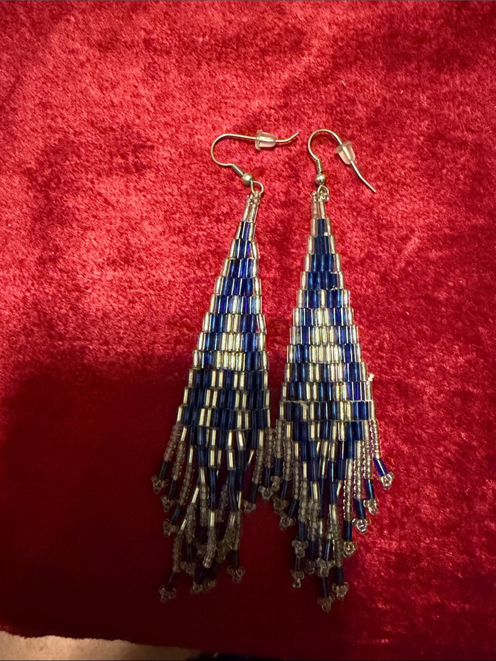 Handcrafted Blue and Silver Beaded Fringe Earrings vintage